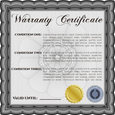 Sample Warranty certificate template. Vector illustration. Excellent complex design. With guilloche pattern and background. 