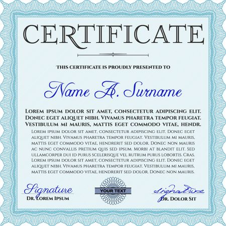 Certificate. Complex design. Detailed. Printer friendly. Light blue color.