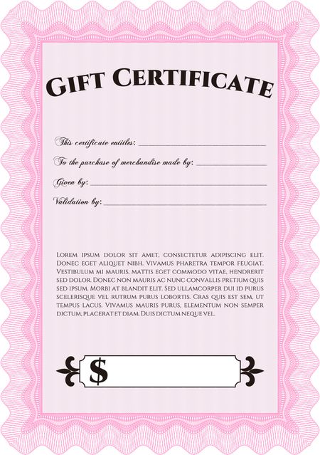 Gift certificate template. Detailed. Printer friendly. Complex design. 