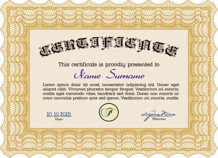 Orange Diploma or certificate template. Superior design. Complex background. Vector pattern that is used in currency and diplomas.