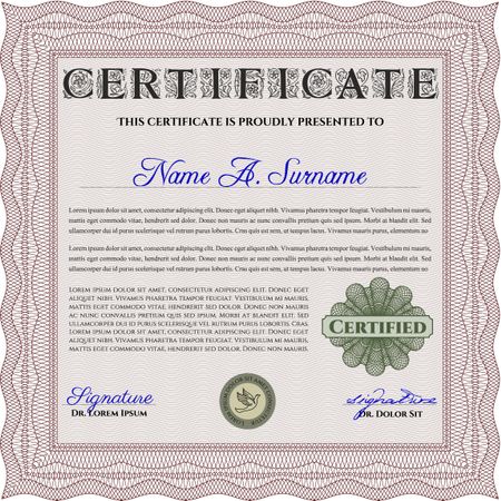 Certificate or diploma template. Cordial design. Easy to print. Customizable, Easy to edit and change colors. Red color.