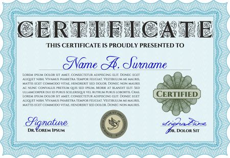 Light blue Certificate template. Easy to print. Nice design. Customizable, Easy to edit and change colors. 