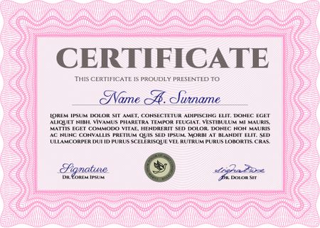 Pink Diploma or certificate template. With complex background. Lovely design. Vector illustration. 
