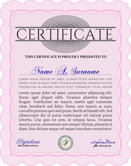 Diploma template or certificate template. Beauty design. Complex background. Vector pattern that is used in currency and diplomas.Pink color.