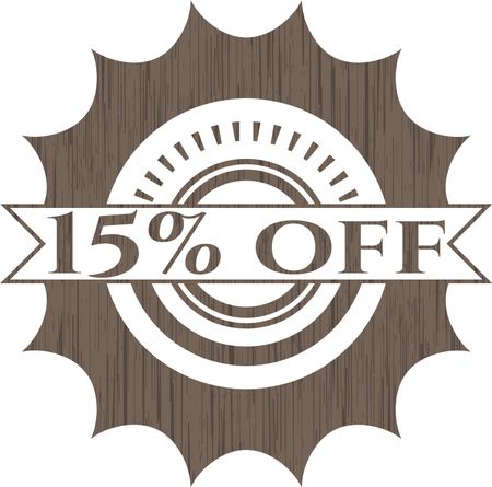 15% off badge with wooden background