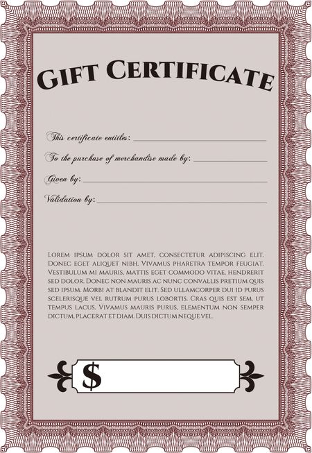 Gift certificate template. Detailed. Complex design. Printer friendly.