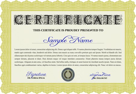 Certificate template. Detailed. Nice design. Printer friendly. Yellow color.