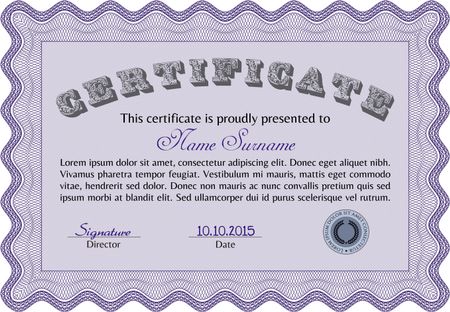 Certificate or diploma template. Customizable, Easy to edit and change colors. Easy to print. Cordial design. Violet color.