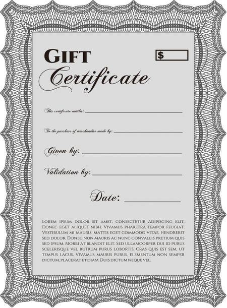 Vector Gift Certificate template. Vector illustration. Excellent complex design. With guilloche pattern and background. 