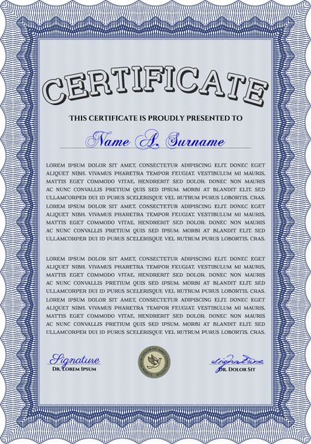 Diploma template. Excellent design. With complex background. Vector illustration. Blue color.