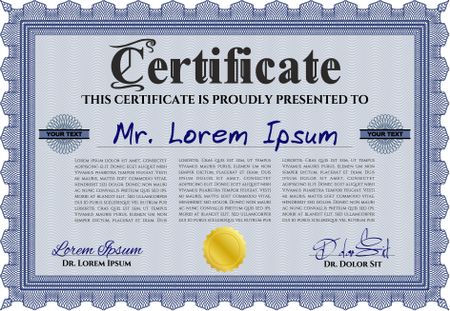 Diploma or certificate template. Vector illustration. With complex background. Lovely design. Blue color.
