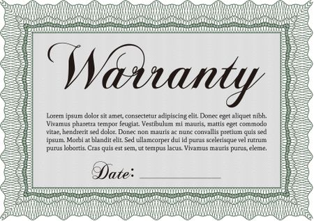 Sample Warranty certificate. Excellent complex design. Vector illustration. With guilloche pattern and background. 