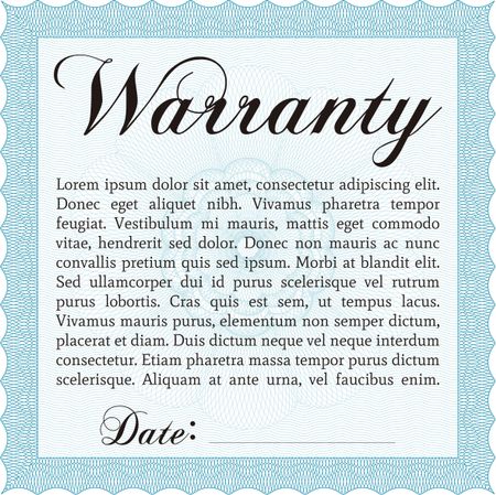 Sample Warranty certificate template. With guilloche pattern and background. Elegant design. Vector illustration. 