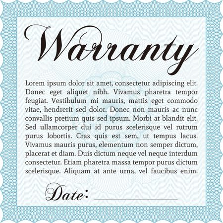 Sample Warranty certificate template. With guilloche pattern and background. Elegant design. Vector illustration.