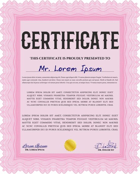 Pink Diploma template or certificate template. Vector pattern that is used in money and certificate. With quality background. Artistry design. 