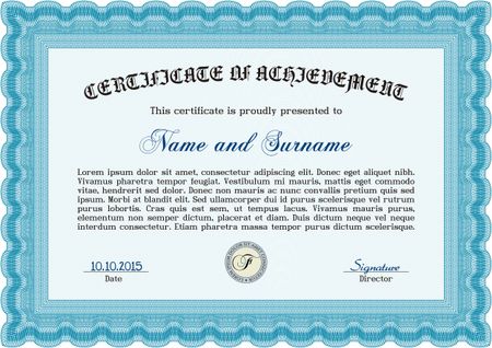 Certificate template. Nice design. Printer friendly. Detailed. Light blue color.