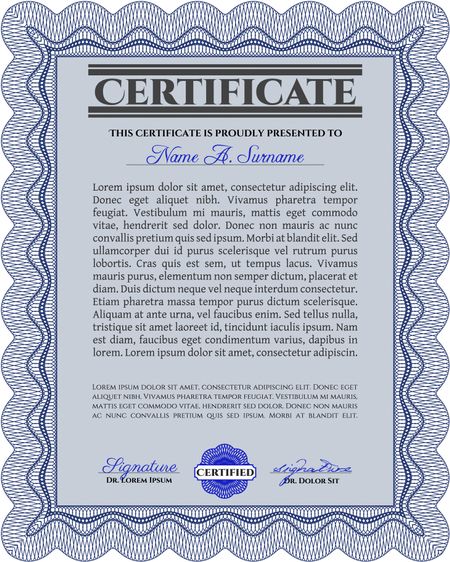 Certificate template. Nice design. Printer friendly. Detailed. Blue color.
