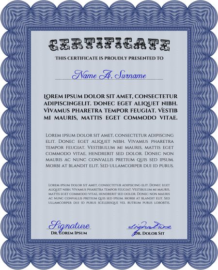 Diploma or certificate template. Complex background. Superior design. Vector pattern that is used in currency and diplomas.Blue color.