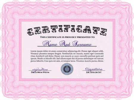 Certificate template. Customizable, Easy to edit and change colors. Cordial design. Easy to print. Pink color.