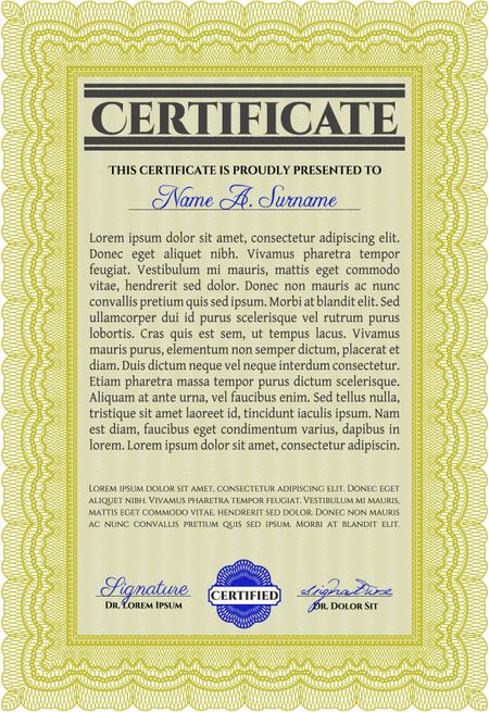 Yellow Diploma template or certificate template. Vector pattern that is used in money and certificate. With quality background. Beauty design. 