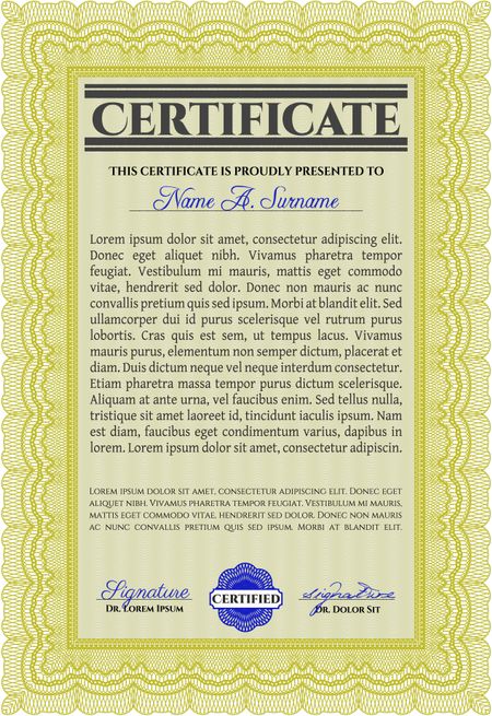 Yellow Diploma template or certificate template. Vector pattern that is used in money and certificate. With quality background. Beauty design.