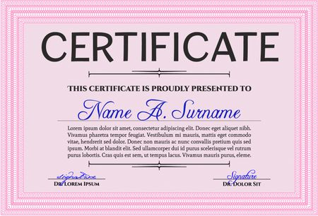 Certificate template or diploma template. Complex background. Beauty design. Vector pattern that is used in currency and diplomas.Pink color.