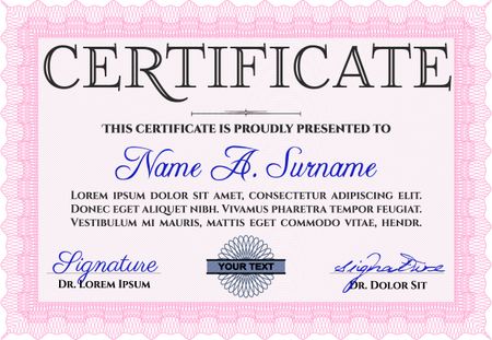 Pink Certificate template. Customizable, Easy to edit and change colors. Easy to print. Nice design. 