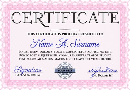 Pink Certificate template. Customizable, Easy to edit and change colors. Easy to print. Nice design.