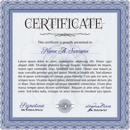Diploma template. Vector illustration. Excellent design. With complex background. Blue color.