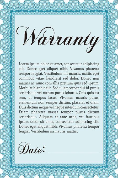 Sample Warranty certificate. With complex linear background. Artistry design. Vector illustration.