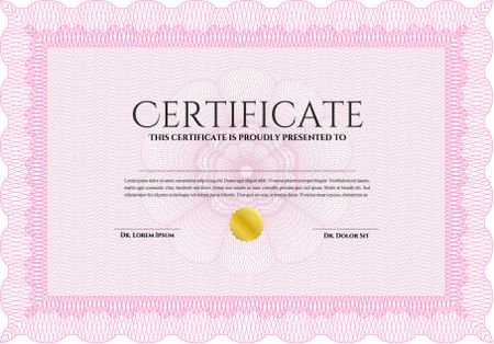 Pink Diploma or certificate template. Complex background. Vector pattern that is used in currency and diplomas.Superior design. 