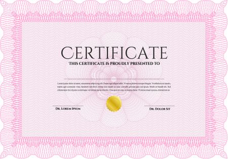 Pink Diploma or certificate template. Complex background. Vector pattern that is used in currency and diplomas.Superior design.