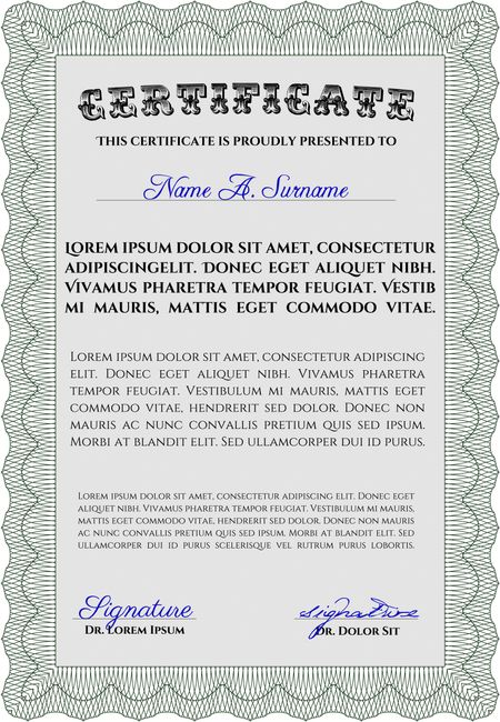 Sample Certificate. With quality background. Vector pattern that is used in money and certificate. Artistry design. Green color.