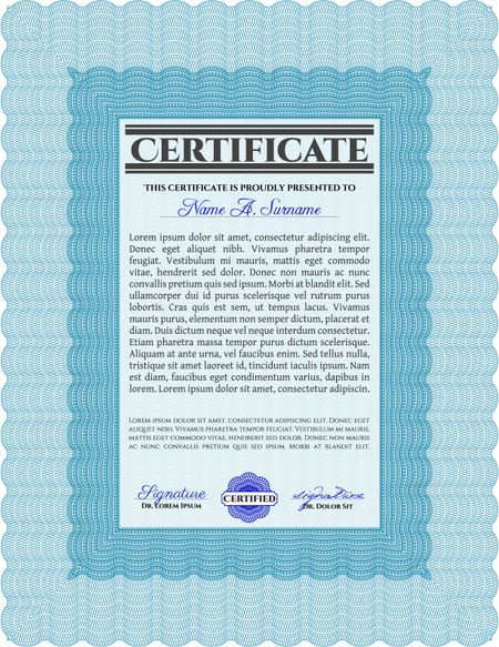 Light blue Certificate. Printer friendly. Complex design. Detailed. 