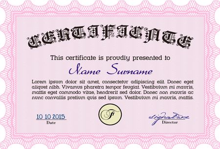 Pink Certificate. Printer friendly. Complex design. Detailed. 