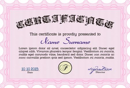 Pink Certificate. Printer friendly. Complex design. Detailed.