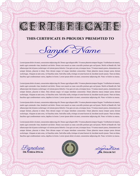 Certificate. Detailed. Complex design. Printer friendly. Pink color.