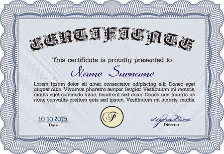 Blue Diploma template. With background. Excellent design. Border, frame. 