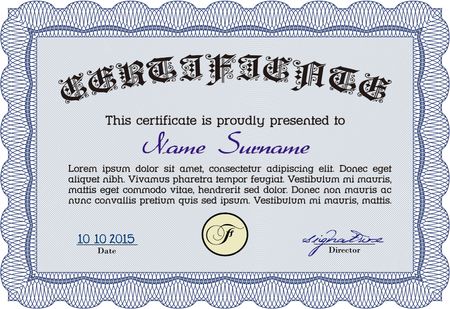 Blue Diploma template. With background. Excellent design. Border, frame.