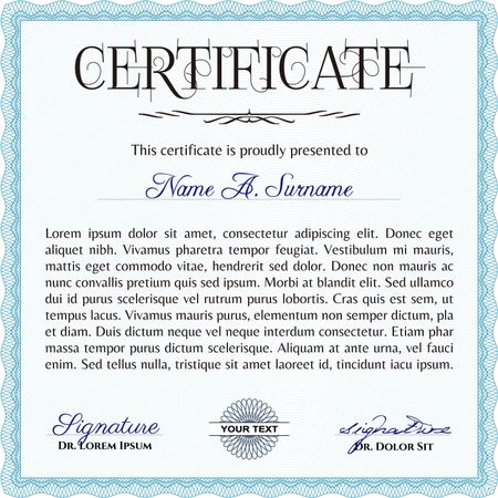 Certificate or diploma template. Border, frame. With background. Good design. Light blue color.
