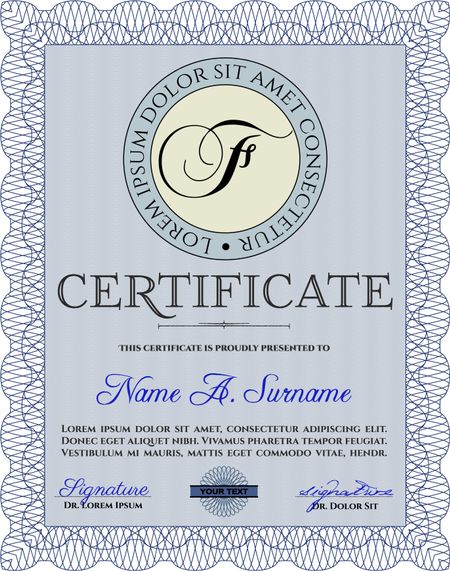 Certificate or diploma template. Border, frame. With background. Good design. Blue color.