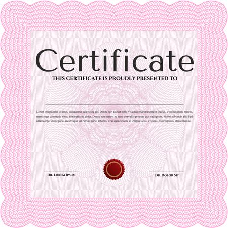 Pink Diploma or certificate template. With complex background. Lovely design. Vector illustration.