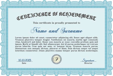 Light blue Sample Certificate. Artistry design. Vector pattern that is used in money and certificate. With quality background. 
