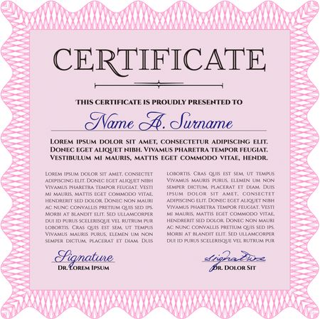 Certificate. Printer friendly. Detailed. Complex design. Pink color.