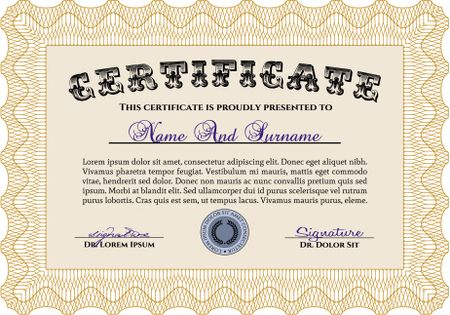 Orange Sample Certificate. Vector pattern that is used in money and certificate. Artistry design. With quality background. 