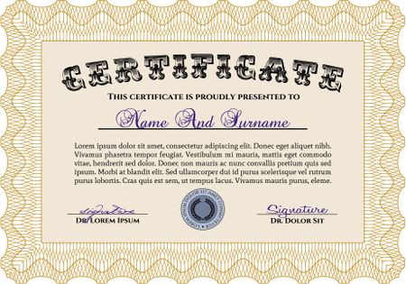 Orange Sample Certificate. Vector pattern that is used in money and certificate. Artistry design. With quality background.