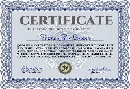 Blue Certificate or diploma template. Border, frame. With background. Good design. 