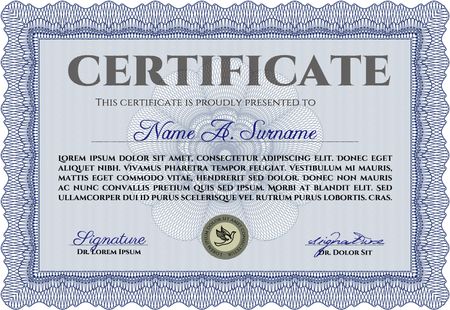 Blue Certificate or diploma template. Border, frame. With background. Good design.