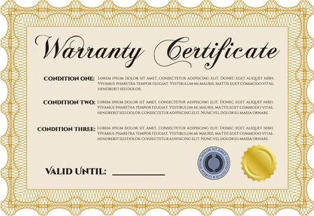 Warranty Certificate template. Detailed. With background. Cordial design. 