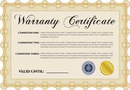 Warranty Certificate template. Detailed. With background. Cordial design.